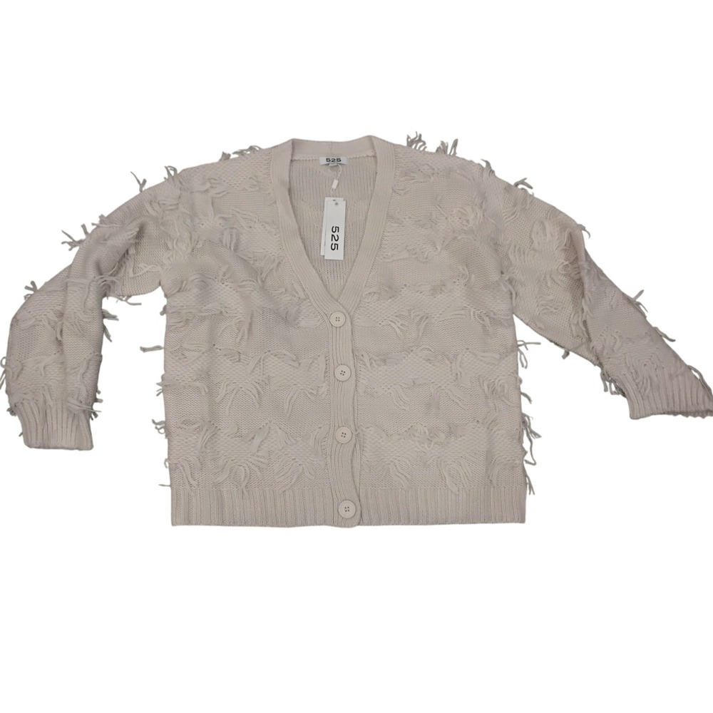 525 America Women's Cream Fringe Knit Button Front Cardigan Sweater